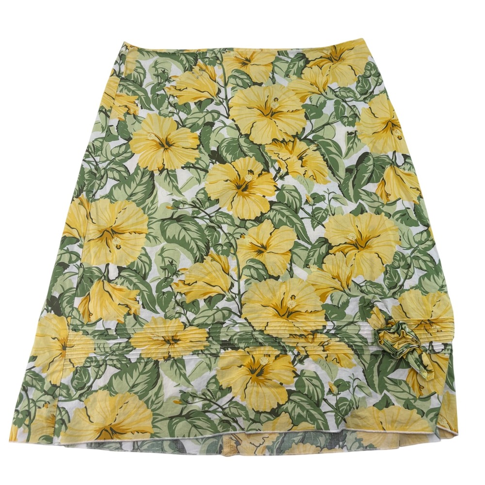Speechless Yellow Hibiscus Floral Pleated Bow Midi Skirt Size 9 Tropical Cotton